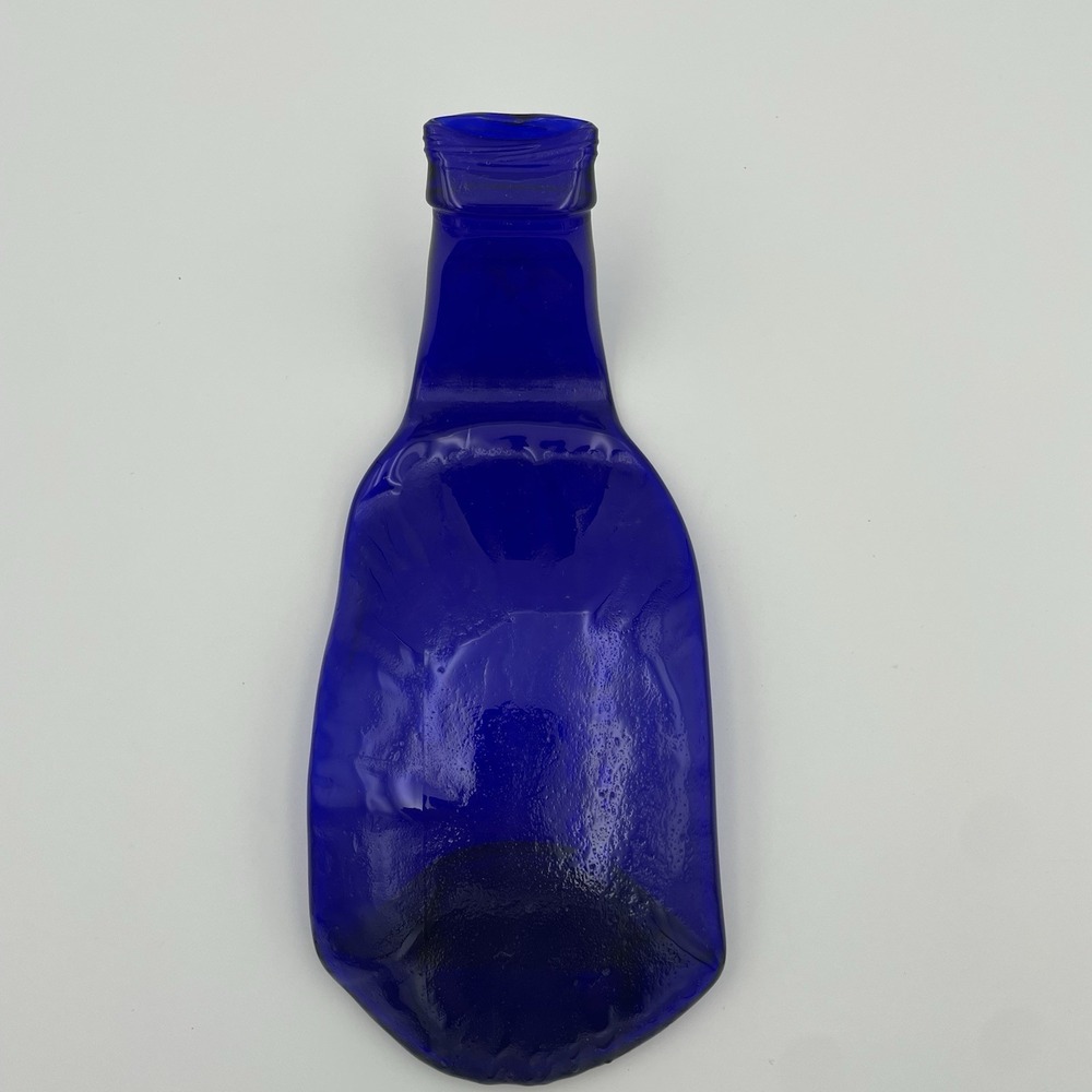 Glass Spoon Rest- Cobalt Blue Hand Melted Flat Bottle Spoon Rest 8" Trinket Tray - Picture 7 of 13